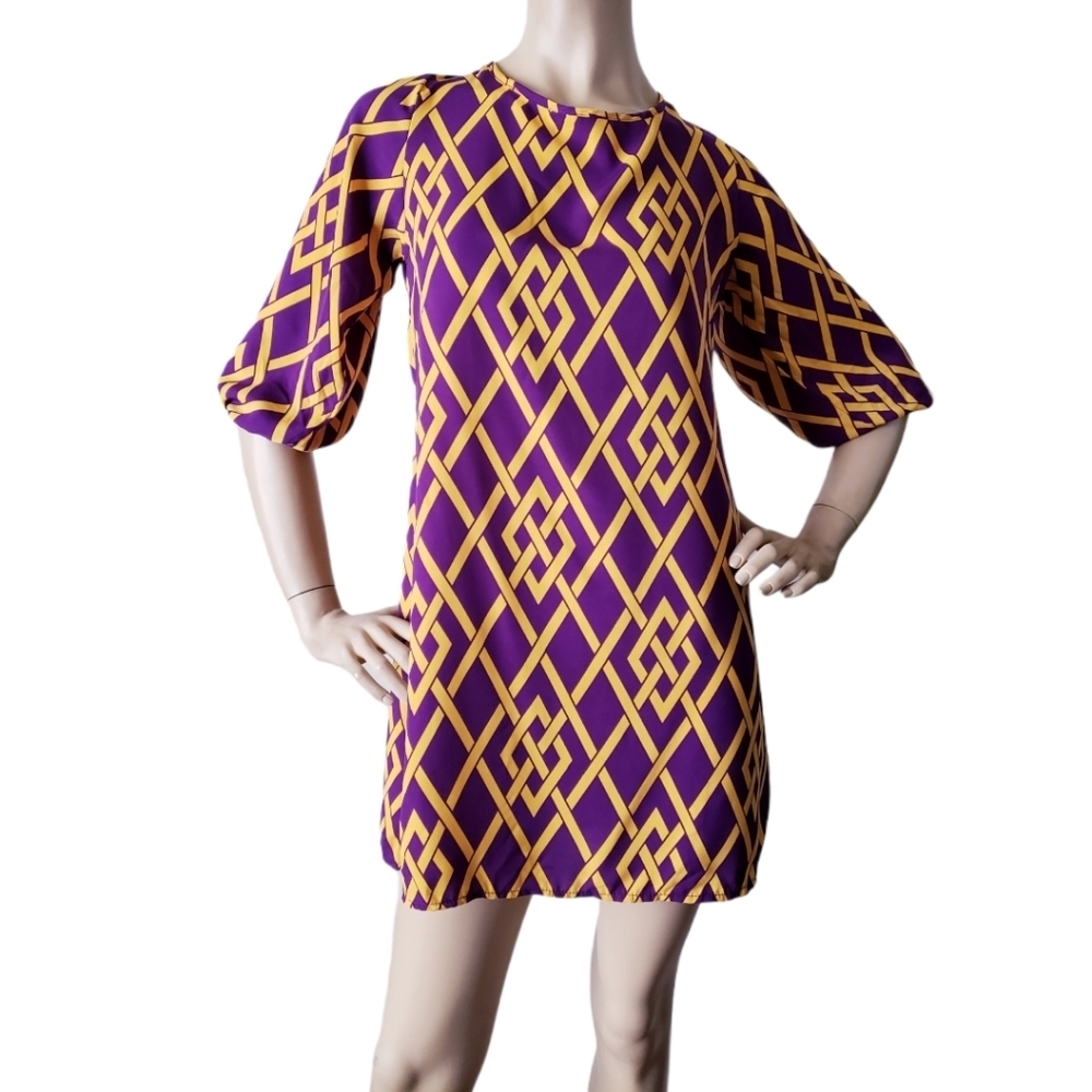 J&M Purple & Gold Retro Mod Geometric Shift Dress